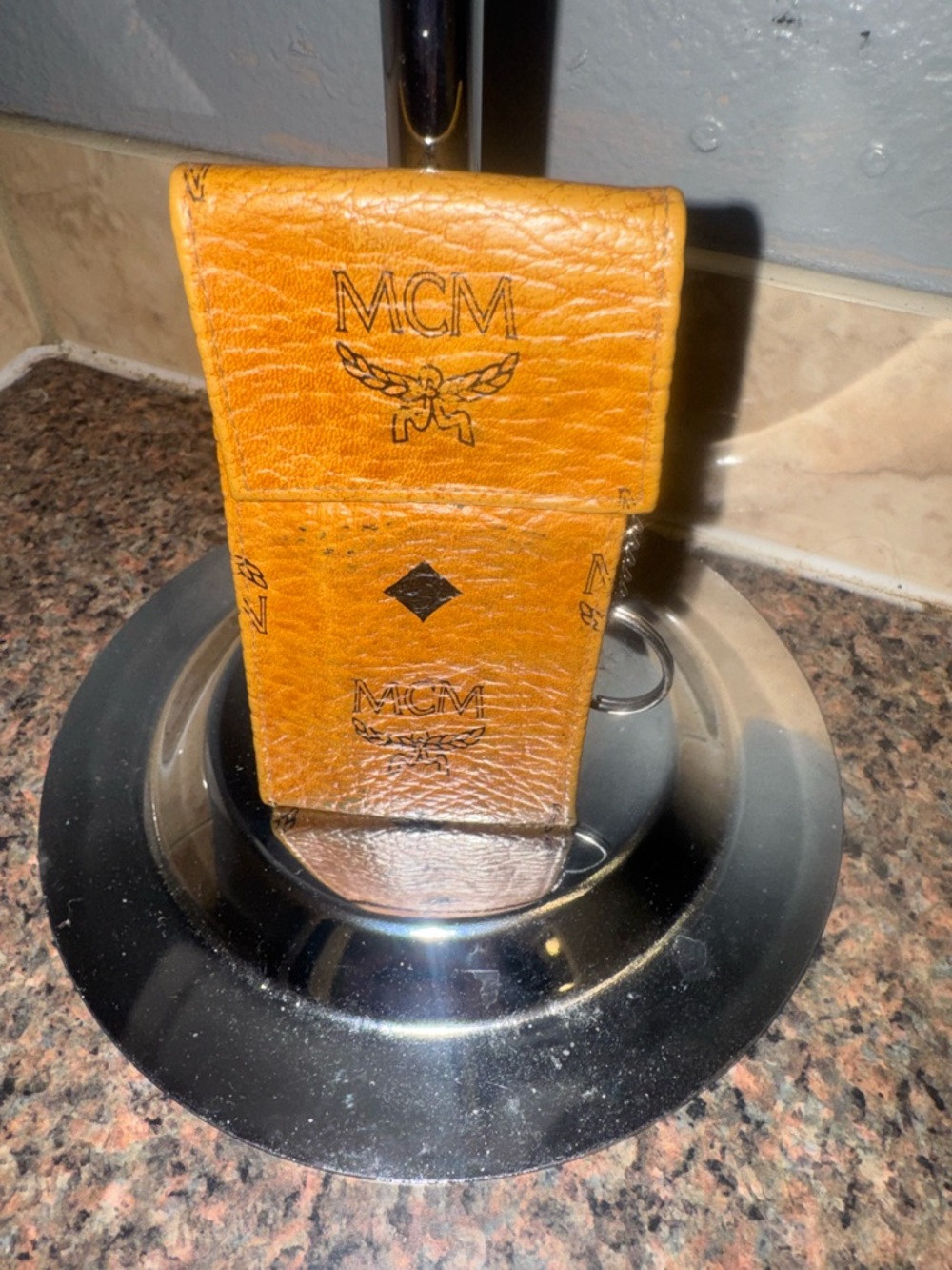 MCM Cognac Tan Logo-Print Leather Key chain